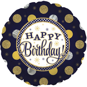 FOIL 17" HAPPY BIRTHDAY NAVY GOLD AND SILVER